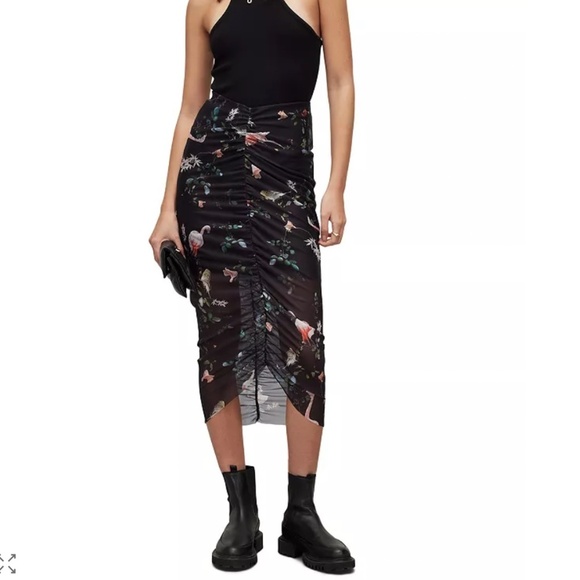 AllSaints Tessia Fabia Ruched Midi Skirt | Black Floral | Size US 6 - Picture 1 of 9